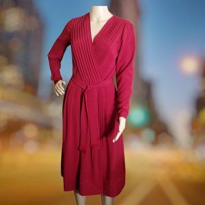 Vintage 1970's Albert Nipon Pleated Wrap Dress - Burgundy/Maroon/Long Sleeves